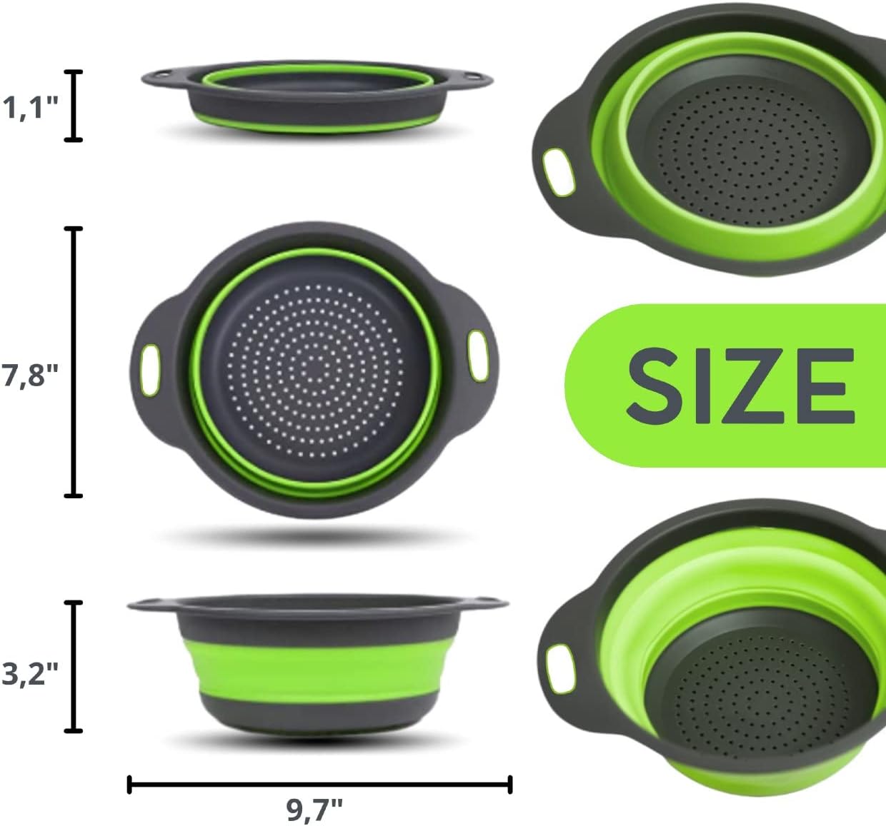 Green Kitchen Strainer Colander Set - 2 PCS Multifunctional Colander Silicone Food Strainers for Kitchen for Pasta and Spaghetti Collapsible with Plastic Handles