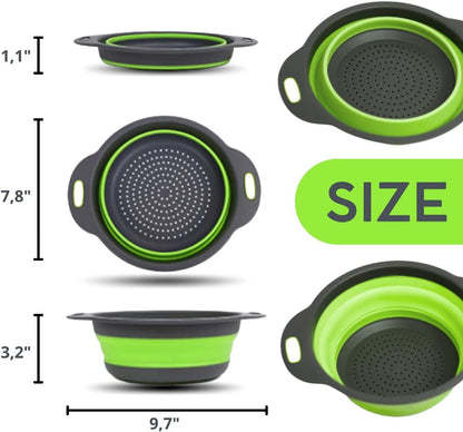 Green Kitchen Strainer Colander Set - 2 PCS Multifunctional Colander Silicone Food Strainers for Kitchen for Pasta and Spaghetti Collapsible with Plastic Handles