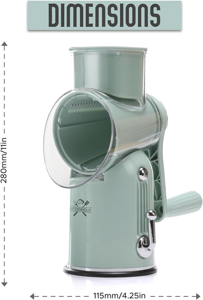 Rotary Cheese Grater Hand Crank, 5 in 1 Vegetable Slicer, Manual Cheese Shredder with Stainless Steel Blades, Food Grater for Cheese Vegetables Nuts, Suction Base, Easy Clean, Beige