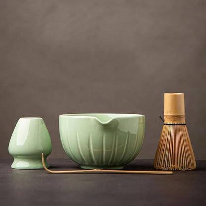 TANG PIN Matcha Set - Match Bowl and Whisk, 15 OZ, Matcha Scoop | Matcha Whisk Stand (Chasen Holder) - 4pc Perfect Matcha Kit for Matcha Tea Ceremony (Mottled Green)