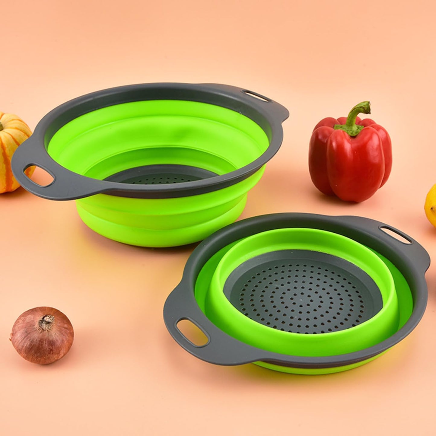Collapsible Strainer Colander for Kitchen Food, Pasta Strainer Set of 2 Strainers for Kitchen Round Silicone Strainers and Colanders, Collapsible Colander for Draining Pasta Vegetable fruit Travel Use