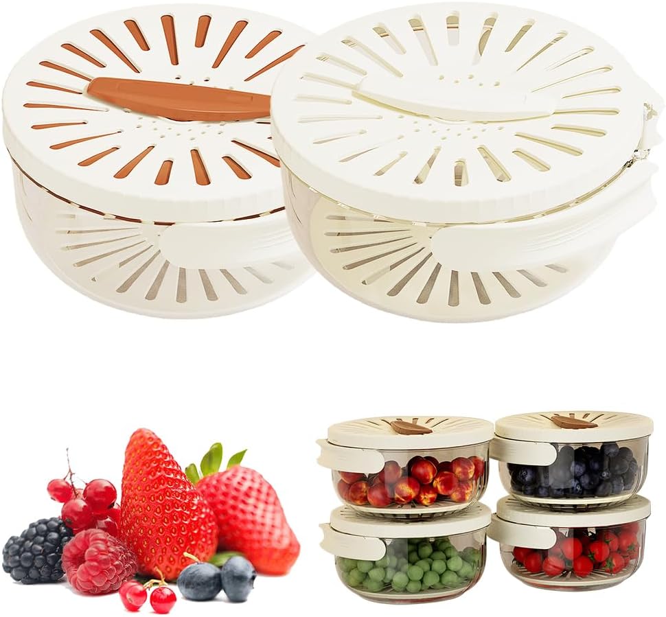 Multi-Functional Fruit and Vegetable Washing Bowl, Fruit Strainer Container with Lid, 2 In 1 Sealed Drainer Basket, Drainer and Freshness Basket, Kitchen Tool with Foldable Handle (White 2pcs)