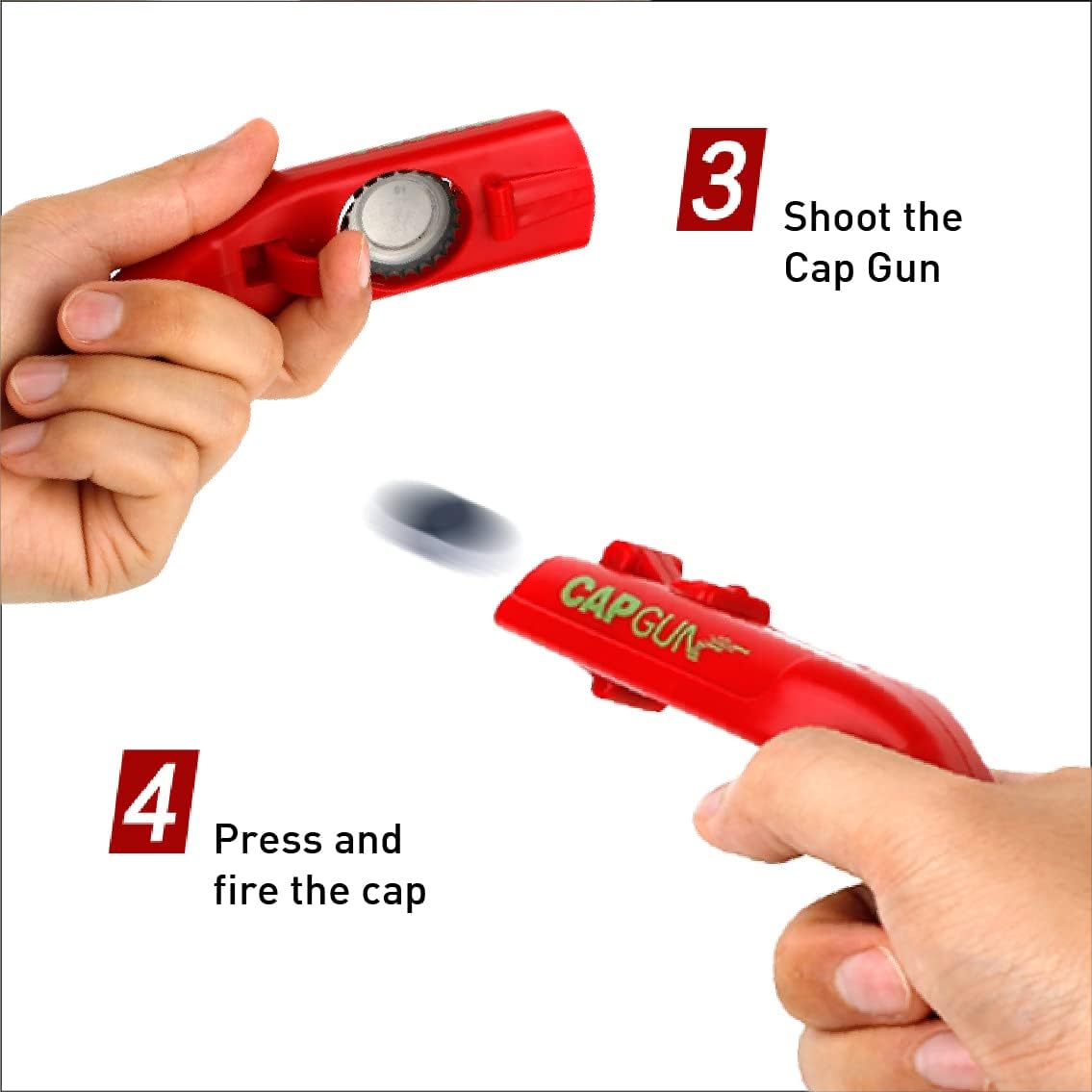 bottle cap shooting gun - Fun bottle opener tool launches bottle caps for parties, barbecues, and bar games (color)