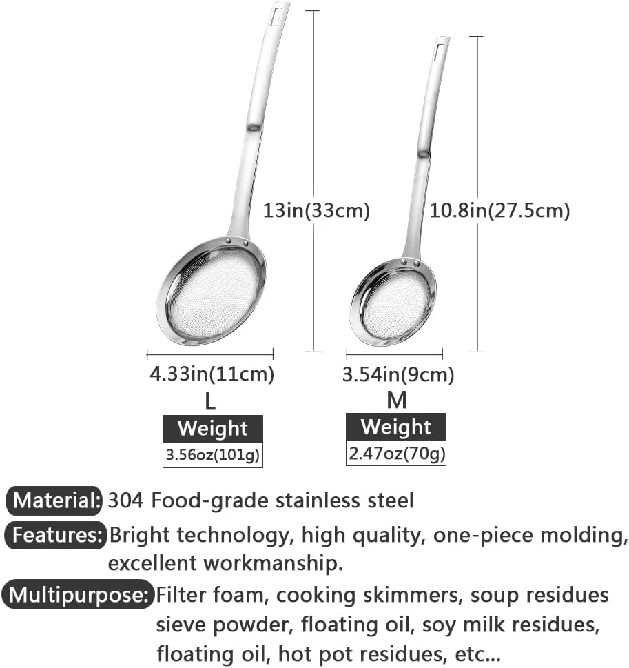 Sieve Fine Mesh Strainer Set Stainless Steel Metal Flat Cooking Skimmer Ladle Colander With Handle Food Strainer Kitchen Tools For Kitchen Baking Oil Filter Flour Sifter Foam,L M Small 3Pack