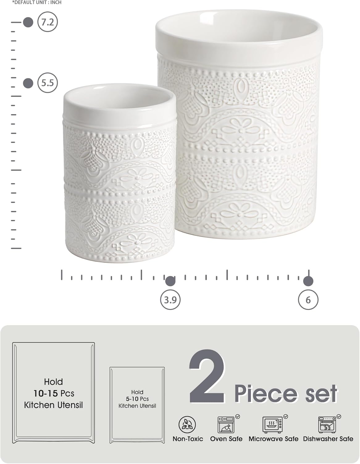 FUN ELEMENTS Kitchen Utensil Holder, 7.2" Super Large Utensil Crock Heavy and Stable Lace Emboss Ceramic Utensil Holder for Kitchen Counter (Bright White)