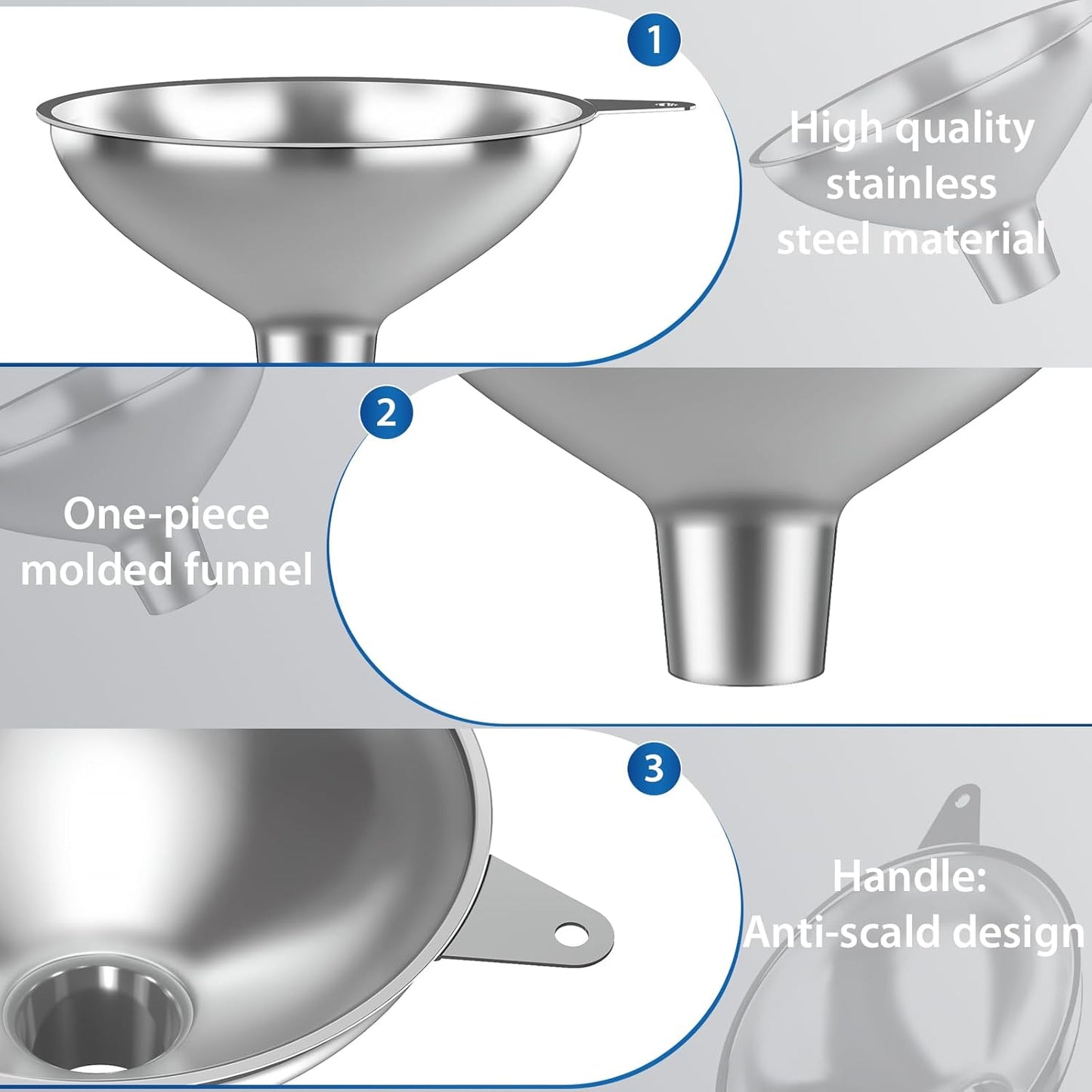 Serinar 2-Piece Stainless Steel Kitchen Funnel Set with 1-Inch and 0.5-Inch Ports for Transferring and Filling Liquids, Coffee Beans, Spice Blends, and Powders Easy to Clean!