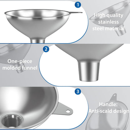 Serinar 2-Piece Stainless Steel Kitchen Funnel Set with 1-Inch and 0.5-Inch Ports for Transferring and Filling Liquids, Coffee Beans, Spice Blends, and Powders Easy to Clean!