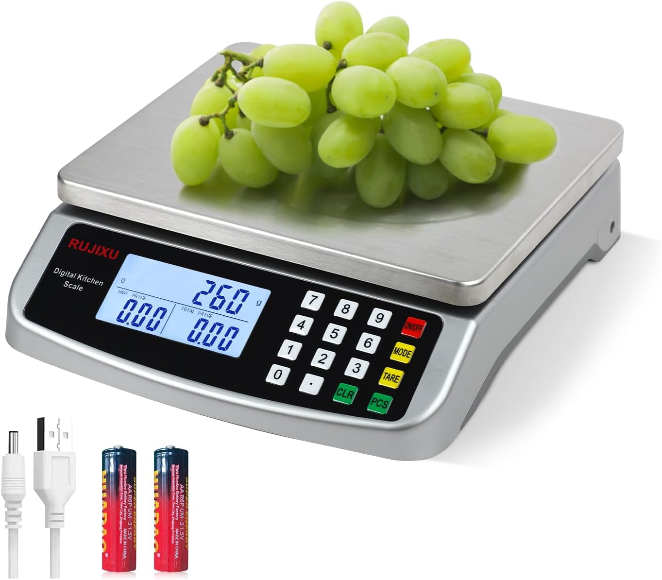 Large Digital Kitchen Scale 30KG Commercial Food Scale 66LB for Baking Bread Meat Stainless Steel Price Computing Scale LCD Display,Prep Counting Scale for Parts and Coins Adapter Included