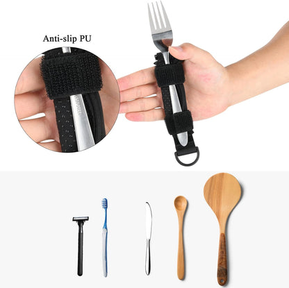 Beautyflier Spoon Fork Universal Cuff Utensil Adjustable Holder Strap for Holding Cutlery, Pens, Toothbrushes for Elderly or Individuals with Weak Grip (Black, Large Size)