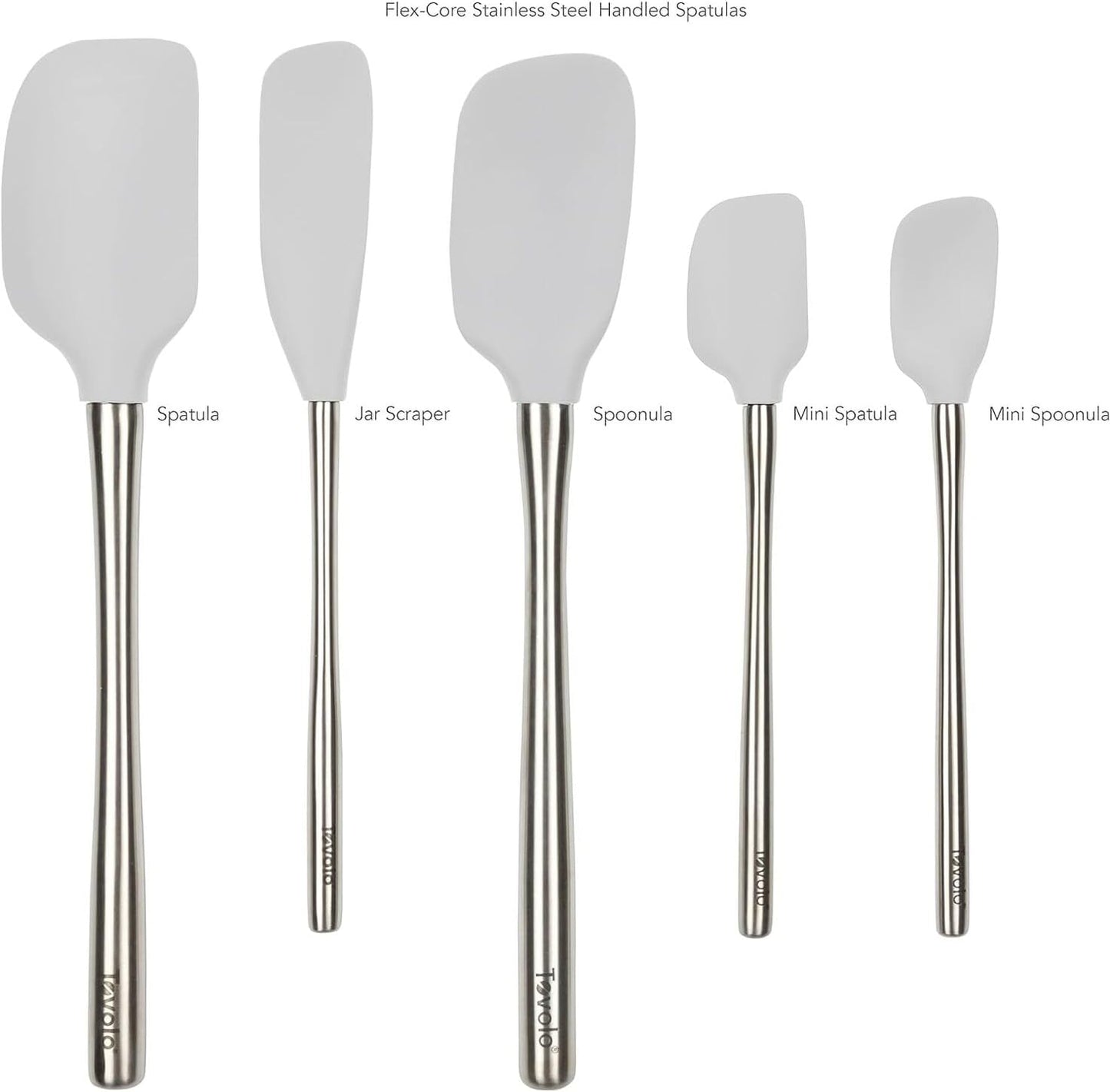 Tovolo Stainless Steel Handled Silicone Spatula Set of 5 White, Dishwasher Safe Kitchen Spatula Set for Cooking Baking, Non Toxic BPA Free Silicone Spatula set with Metal Steel Handle