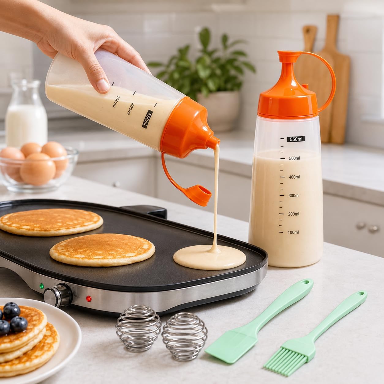 550ml Pancake Batter Dispenser Set of 2 with Mixing Balls, Clear Squeeze Bottle with Measurement Marks, Leakproof Cap, Batter Mixer Tool for Waffles, Crepes, Cupcakes with Spatula and Brush