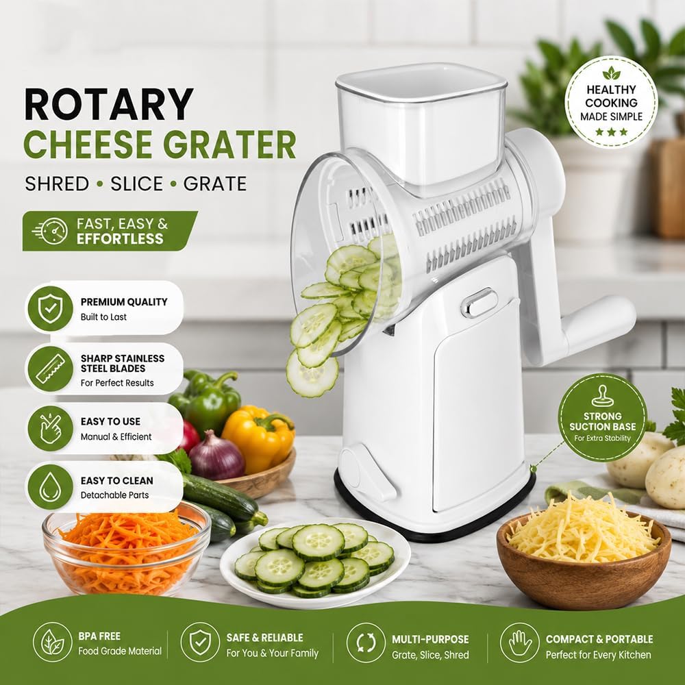 Rotary Cheese Grater Hand Crank, 5 In 1 Shredder with Handle, Vegetable Slicer Mandoline Food Chopper, Strong Suction Base Kitchen Gadget for Cheese Vegetables Nuts – White
