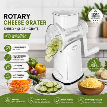 Rotary Cheese Grater Hand Crank, 5 In 1 Shredder with Handle, Vegetable Slicer Mandoline Food Chopper, Strong Suction Base Kitchen Gadget for Cheese Vegetables Nuts – White