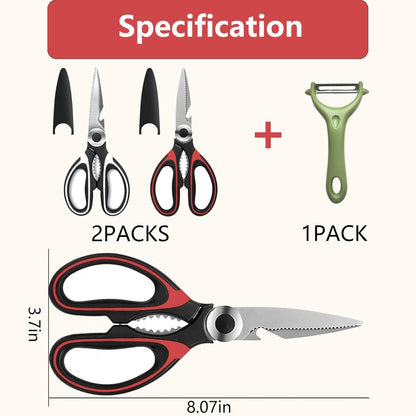 2Pcs Kitchen Scissors with Peeler - Heavy Duty Stainless Steel, Multipurpose Ultra Sharp Food Kitchen Shears for Meat, Poultry, Vegetables, Fruits, Herbs, Pizza - Ergonomic Grip, Dishwasher Safe