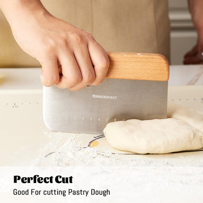 Bench Scraper & Chopper, Stainless Steel Dough Cutter with Wooden Handle, Thick Sharp Blades Pizza Bread Cutter, Multipurpose Kitchen Tool for Baking Cooking