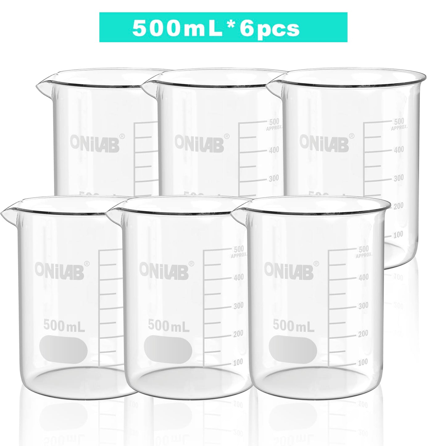 ONiLAB Glass Measuring Beaker Set 50ml 100ml 250ml 500ml 1000ml(Pack of 5) 3.3 Boro Griffin Low Form with Printed Graduation Scientific Glassware for Laboratories, Classrooms or Home Use