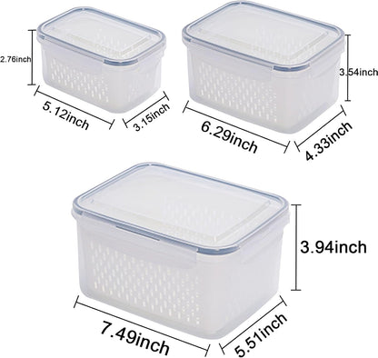 3Pack Fridge Food Storage Container Set with Lids with Strainer, Fruit Vegetable Storage Containers Keep Fruits, Vegetables, Berry, Meat Fresh longer, BPA-Free Plastic Produce Keepers