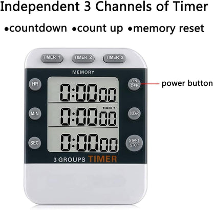 Digital Dual Kitchen Timer for Cooking, 3 Channels Count Down/up Triple Multi Timers for Food, Magnetic Memory-Preset Large-Display Adjustable Alarm Volume, 3A Battery Included