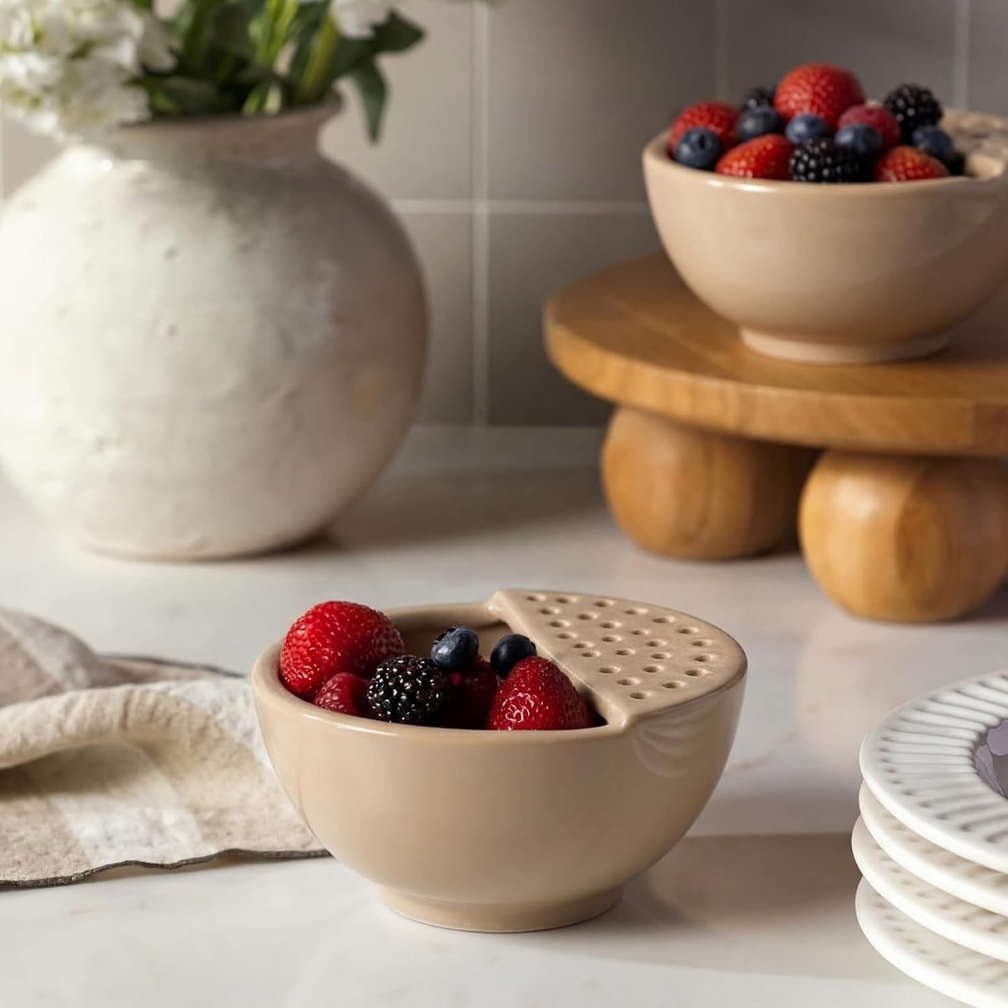Hushee Ceramic Berry Basket with Holes Set of 2 Ceramic Fruit Container 2 In 1 Washing Bowl 6'' Strainer Bowl Fruit Bowls Colander for Kitchen Strawberry Grape Cherry Stoneware Fridge Harvest Bowls