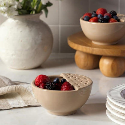 Hushee Ceramic Berry Basket with Holes Set of 2 Ceramic Fruit Container 2 In 1 Washing Bowl 6'' Strainer Bowl Fruit Bowls Colander for Kitchen Strawberry Grape Cherry Stoneware Fridge Harvest Bowls