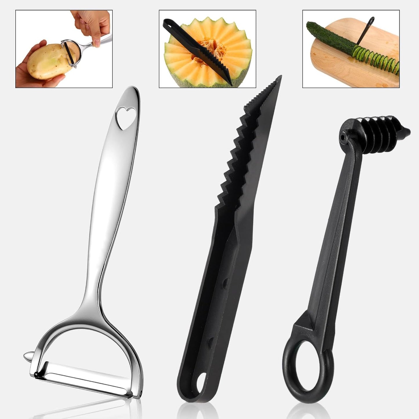3pcs Vegetable Spiral Cutter with V-Cutter & Peeler Set, Manual ABS Plastic Spiralizer Slicer & Zinc Alloy Peeler Practical Kitchen Knife Tool for Potatoes Carrots Cucumbers Fruits