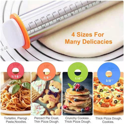 Rolling Pin and Baking Pastry Mat Set,Stainless Steel Dough Roller,Rolling Pins with Adjustable Thickness Rings,for Baking Fondant,Pizza,Pie,Pastry,Pasta,Dough