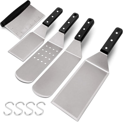 HaSteeL Griddle Accessories Kit of 5, Heavy Duty Metal Spatula, Professional Stainless Steel Flat Top Griddle Tools Set, Pancake Flipper/Griddle Scraper/Hamburger Turner for BBQ Grilling Cast Iron