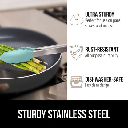 GORILLA GRIP Stainless Steel Heat Resistant Kitchen Tongs for Cooking, Set of 2 BBQ Tong, Non Scratch Silicone Tip for Pans, Strong Grip, Grab Food, Toss Salad, Air Fryer, Pull Lock, 7 + 9 Inch, Black