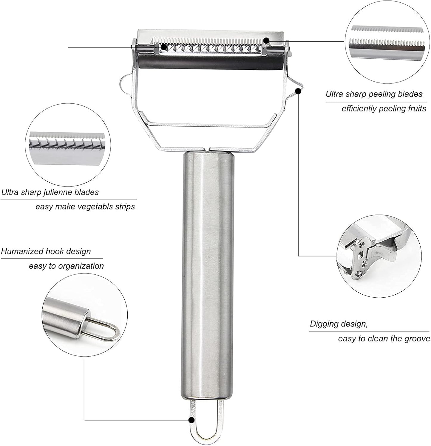 Ultra Sharp Vegetable Peeler，Stainless Steel 2 in 1 Julienne Vegetable Peeler Perfect for Carrot Potato Cucumber Gadget Vegetable Fruit (Silver)