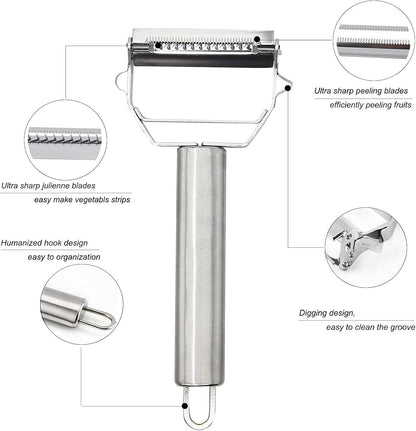 Ultra Sharp Vegetable Peeler，Stainless Steel 2 in 1 Julienne Vegetable Peeler Perfect for Carrot Potato Cucumber Gadget Vegetable Fruit (Silver)