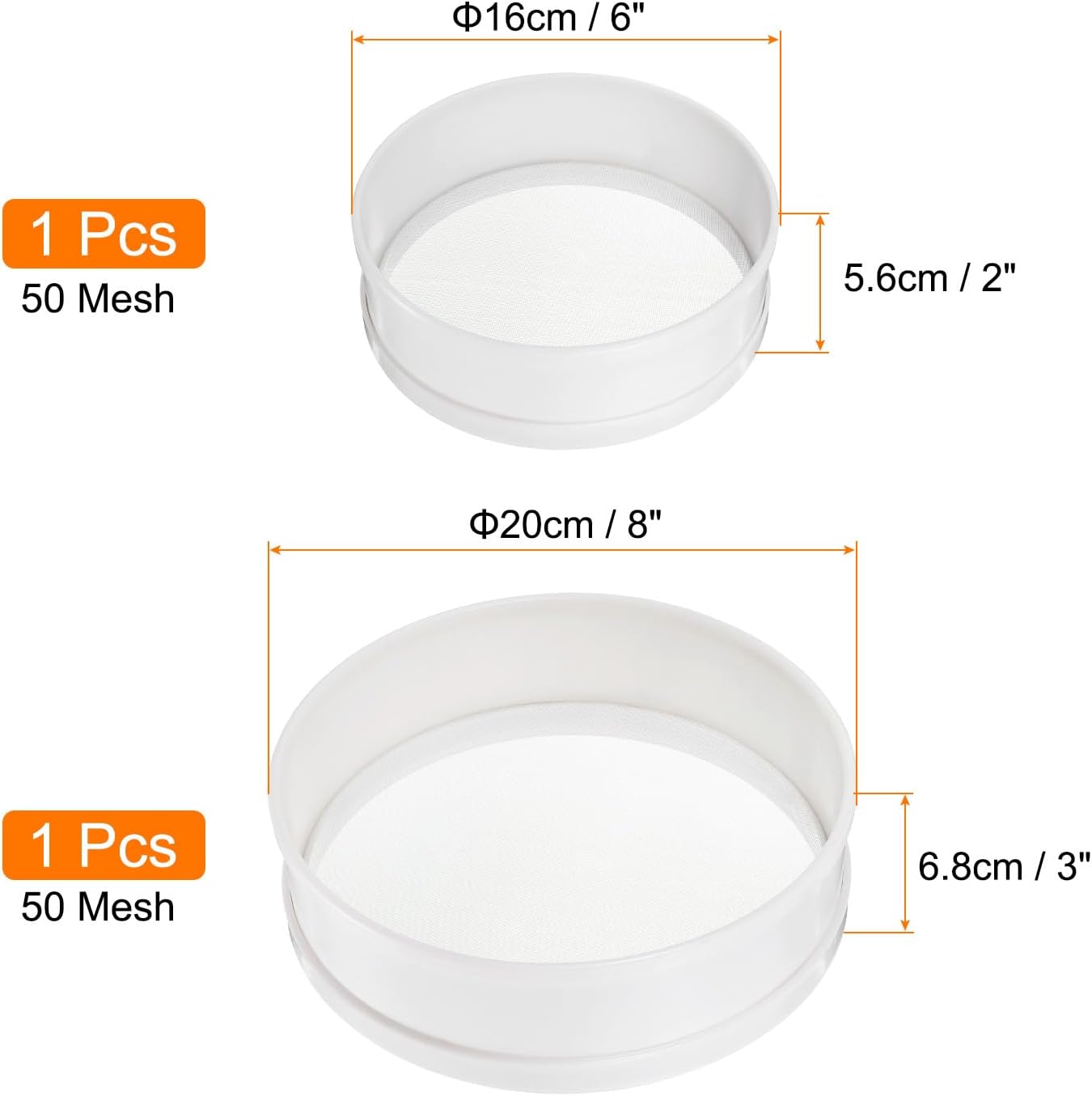 uxcell Stainless Steel Flour Sifter, 2 Pcs 6Inch and 8Inch 50 Mesh Round Sifter Flour Sieve Mini Fine Mesh for Baking Cake Bread, White