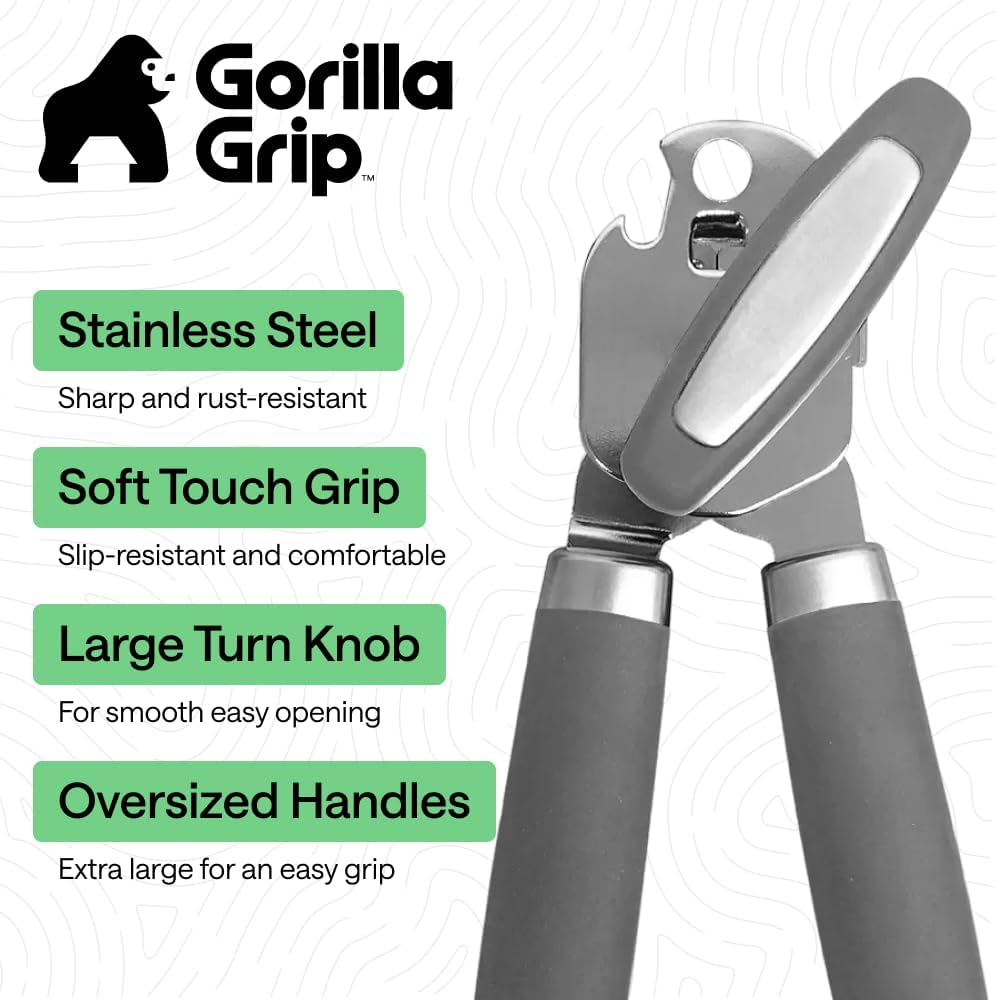 GORILLA GRIP Heavy Duty Stainless Steel Smooth Edge Manual Can Opener and Bottle Openers, US Designed, Soft Comfortable Handle, Oversized Handheld Turn Knob, Multifunctional Kitchen Tool, Black