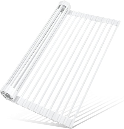 MERRYBOX Roll Up Over The Sink Dish Drying Rack Silicone Wrapped Foldable, Heat-Resistant, Anti-Slip Sink Rack Multipurpose Dish Drainer for Kitchen Sink Counter - White, 17.5" x 11"