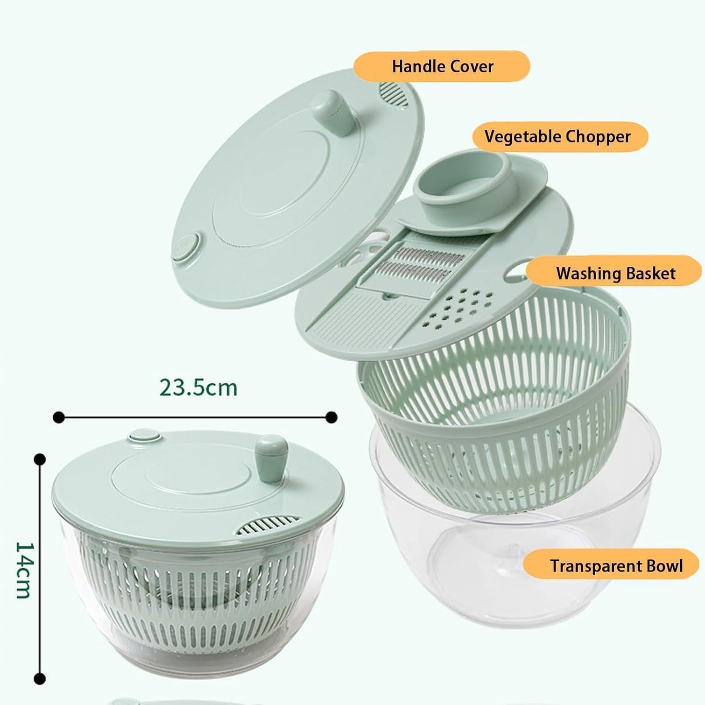 Large Capacity Multi-Function Salad Spinner with Quick Stop Button, Salad Spinner Stainless Steel, Salad Spinner Large, with 5 Blade Slicer Egg Yolk Strainer Shredder (Green)