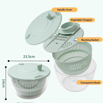 Large Capacity Multi-Function Salad Spinner with Quick Stop Button, Salad Spinner Stainless Steel, Salad Spinner Large, with 5 Blade Slicer Egg Yolk Strainer Shredder (Green)