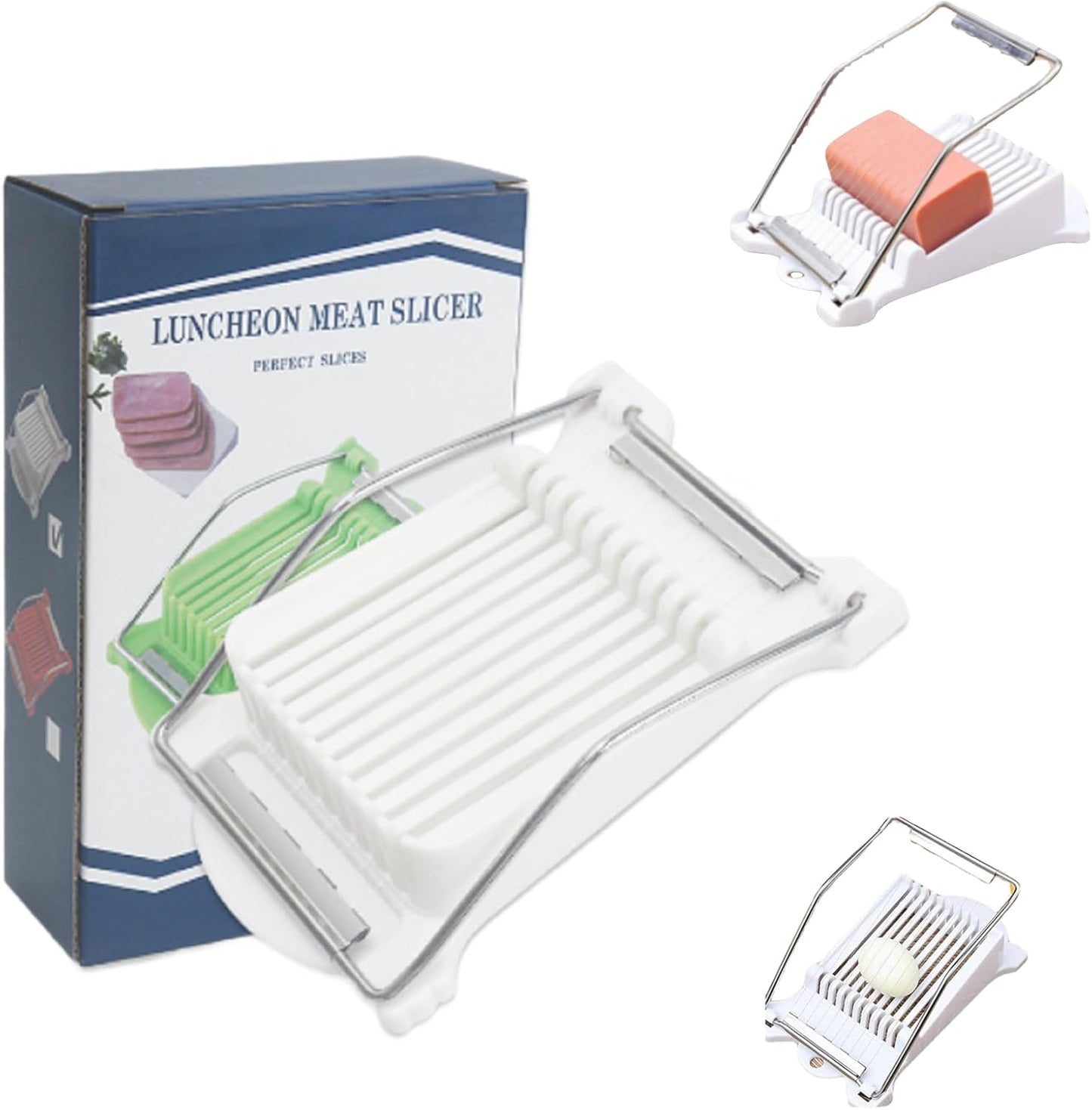 White Luncheon Meat Slicer Fruit Soft Boiled Egg Cheese Butter Slicers Cutter, Stainless Steel Wires, Cuts 10 Slices