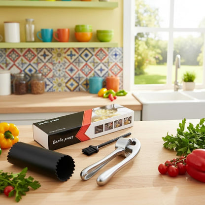 Garlic Press with Peeler and Brush | Easy Garlic Crusher | Dishwasher Safe | Zinc | Comfortable Handle
