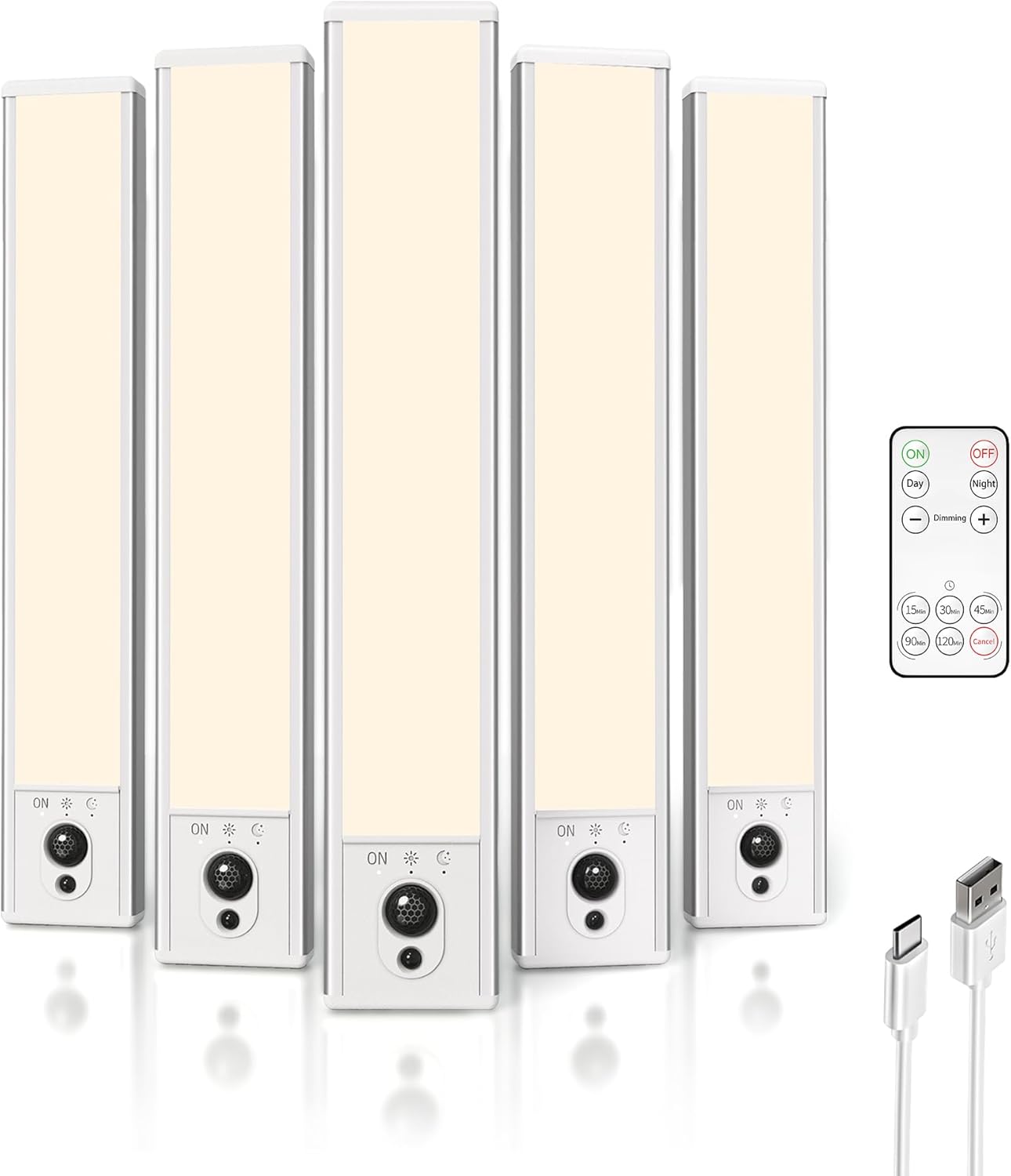 EZVALO 5-Pack Under Cabinet Lighting with Charging Station, 2400mAh Motion Sensor Light, LED Coutner Lights Wireless, 3000K Dimmable, Timer, Magnetic, with Remote Control for Kitchen, Closet, Stair
