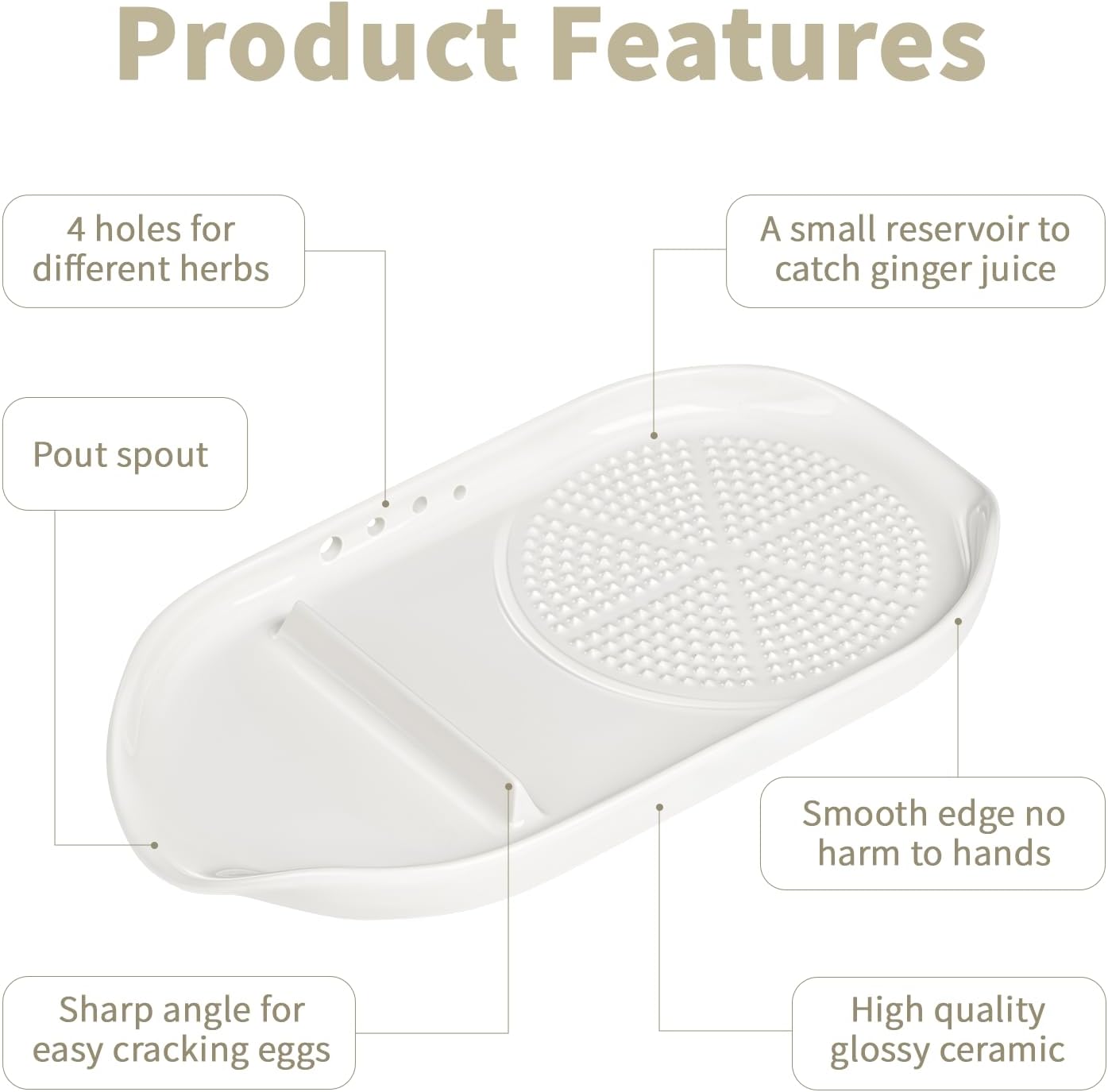 WhiteRhino 4 in 1 Ceramic Garlic Grater with Egg Cracker,Spoon Rest and Herb Stripper, Ginger Grater Plate for Grinding Wasabi Fruits Vegetables Ginger Garlic Cheese(6.76inx3.7in)