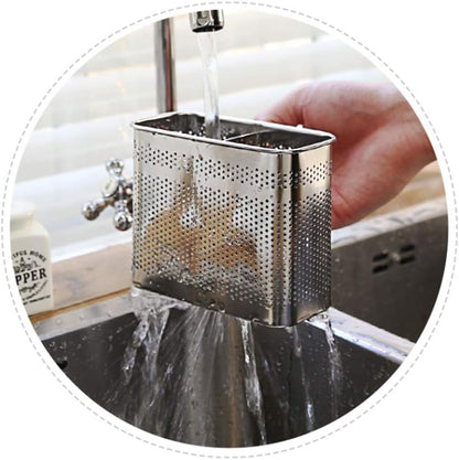 HOME&I Silverware Drying Basket for Dish Rack, SUS 304 Stainless Steel Hanging Utensil Holder with Wide Stable Hooks, 2-Compartment Cutlery Caddy for Kitchen Sink & Counterto