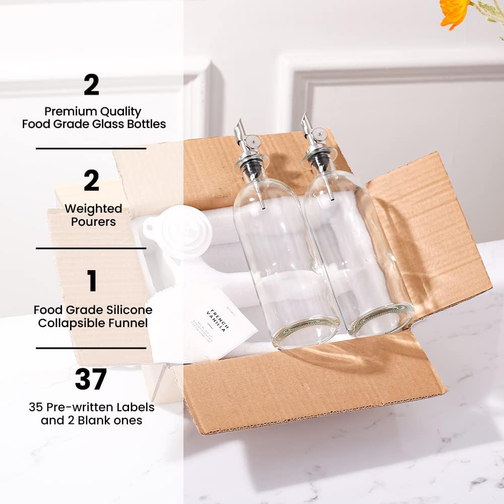 Molimoli - Premium Olive Oil Dispenser Bottles for Kitchen with Pourer - Oil and Vinegar Dispenser Set, Glass Dispenser for Kitchen, Dispenser Bottle of 350ml - Set of 2