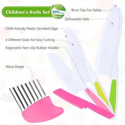 HOTUT Montessori Kitchen Tools,6Pieces Knives for Kids Nylon Kids Safe Cooking Knives Serrated Edges,Y Peeler For Cooking and Cutting Fruit,Suitable for Children and Beginners