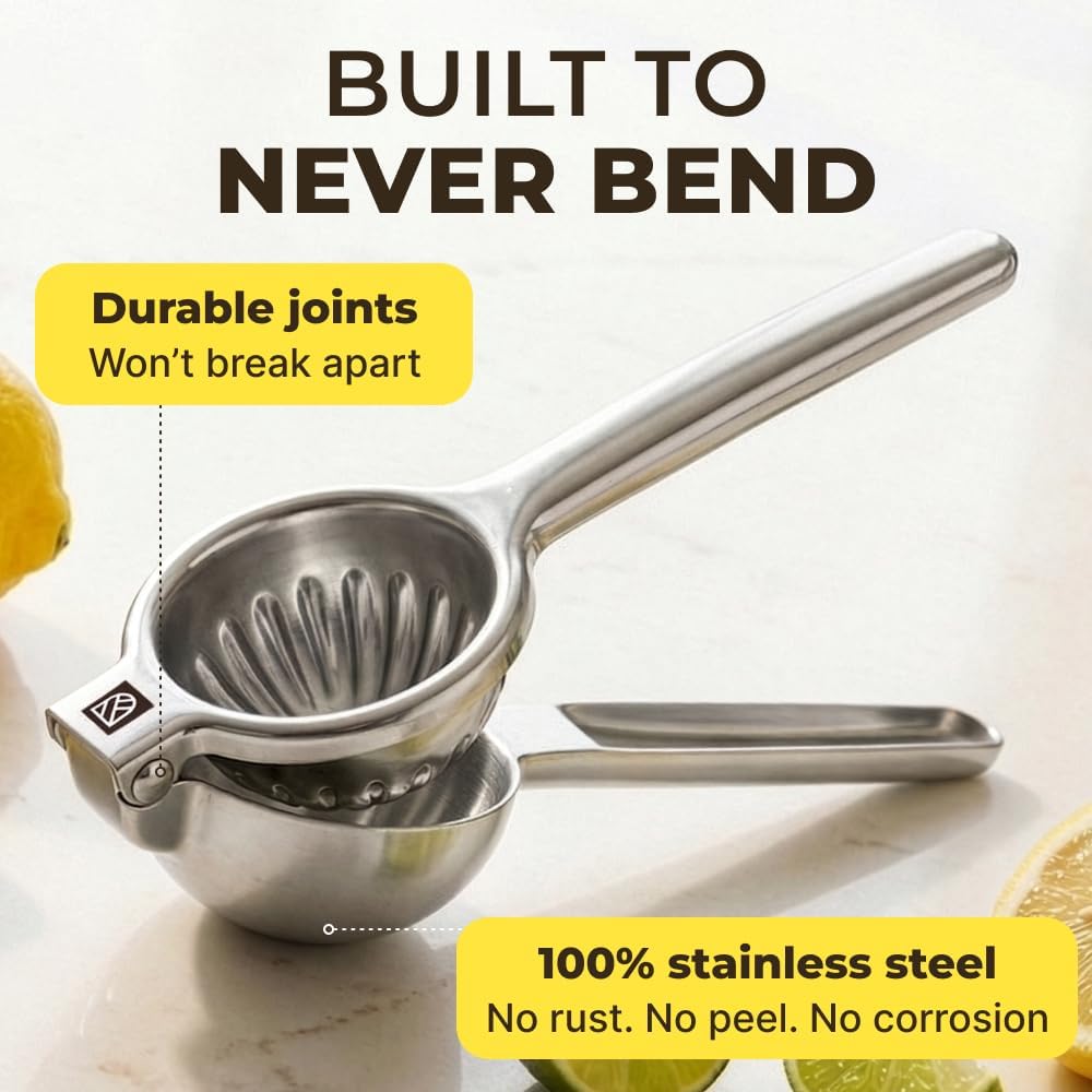 Large Lemon Squeezer Stainless Steel Press - Non-Slip Grip, Heavy Duty, Manual Design - Effortless Pro-Grade Lemon, Lime, Orange, and Citrus Fruit Hand Held Lemon Juicer Squeezer - No Seeds, Max Juice