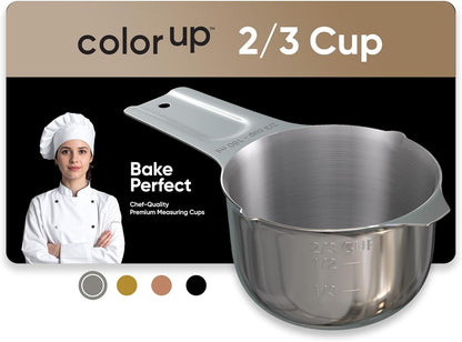 Color Up 2 Cup Measuring Cup, 480ml Stainless Steel Metal, Easy-Pour Spouts, Engraved Markings, Flat Base, Dishwasher Safe, for Dry and Liquid Ingredients