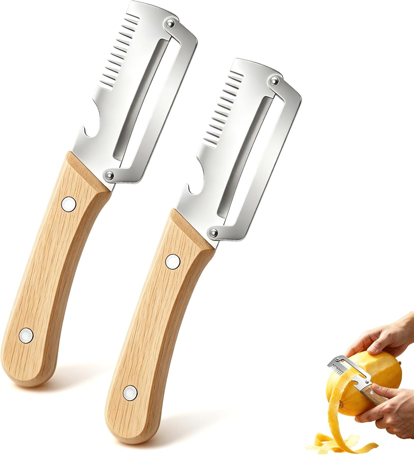 2 Pack Multifunctional Vegetable Peeler, 3 in 1 Kitchen Peeler with Bottle Opener and Wooden Handle, Kitchen Gadgets Tool for Fruit Pumpkin Peeling Potato Carrot Veggie Peeler