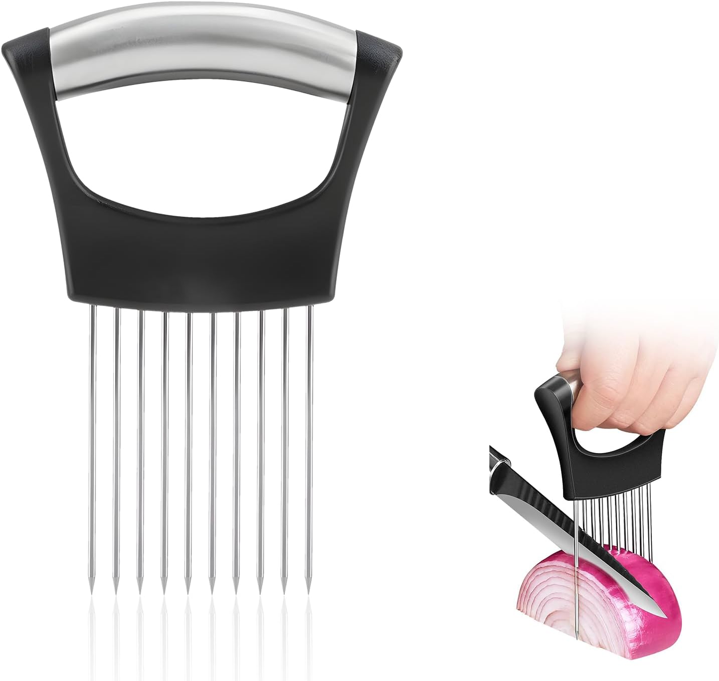 2PCS Onion Holder for Slicing, Upgraded Stainless Steel Onion Slicer Holder with Ergonomic Handle, Tomato Cutter, Vegetable Slicing Tool, Meat Tenderizer, Kitchen Food Cutting Gadget