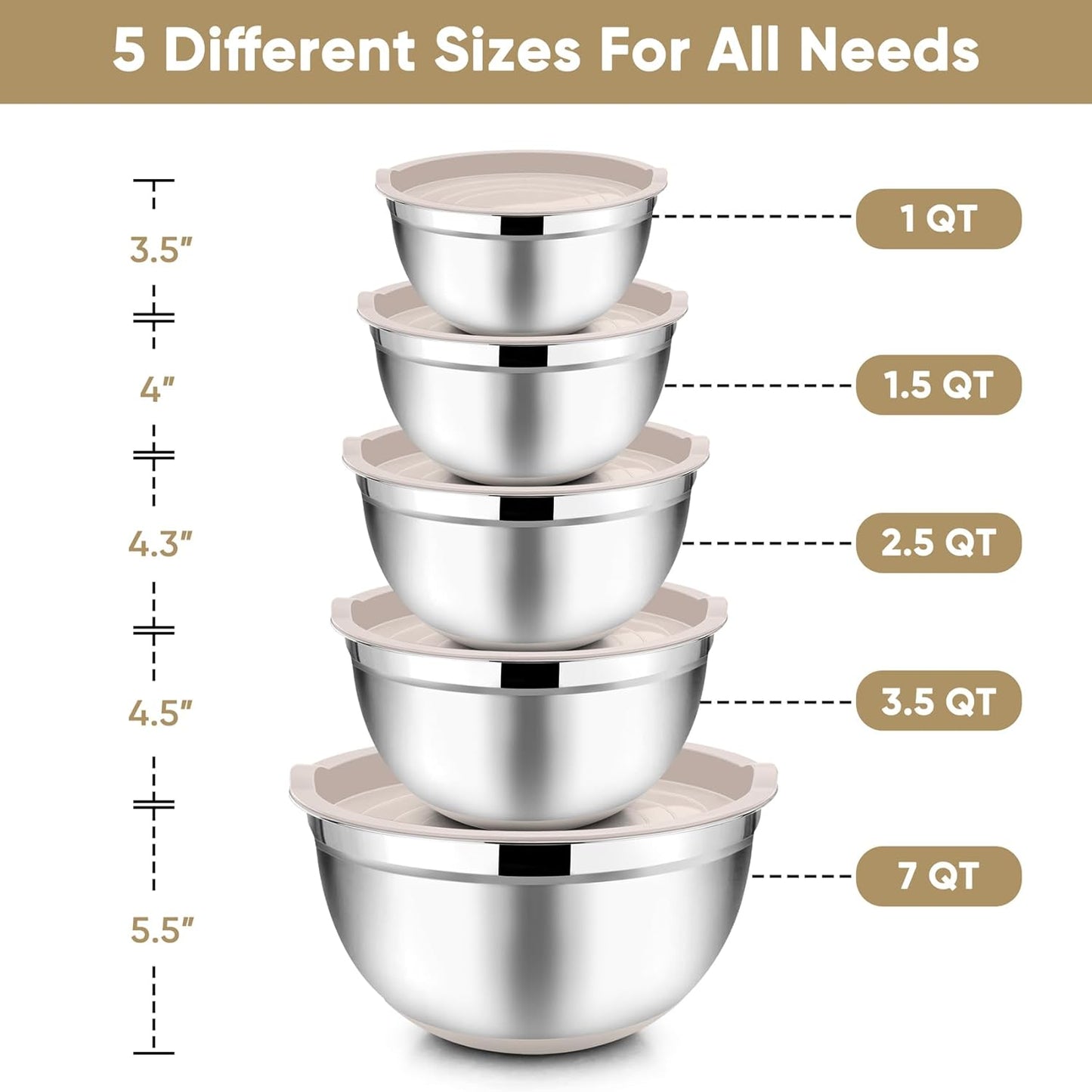 TeamFar Mixing Bowls with Lids Set, 7/3.5/2.5/1.5/1 QT, Stainless Steel Large Red Nesting Metal Salad Mixing Bowl Set of 5, Healthy & Easy Clean, Airtight Lid & Non-slip Bottom