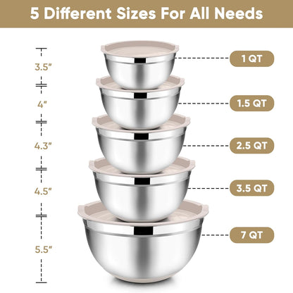 TeamFar Mixing Bowls with Lids Set, 7/3.5/2.5/1.5/1 QT, Stainless Steel Large Red Nesting Metal Salad Mixing Bowl Set of 5, Healthy & Easy Clean, Airtight Lid & Non-slip Bottom