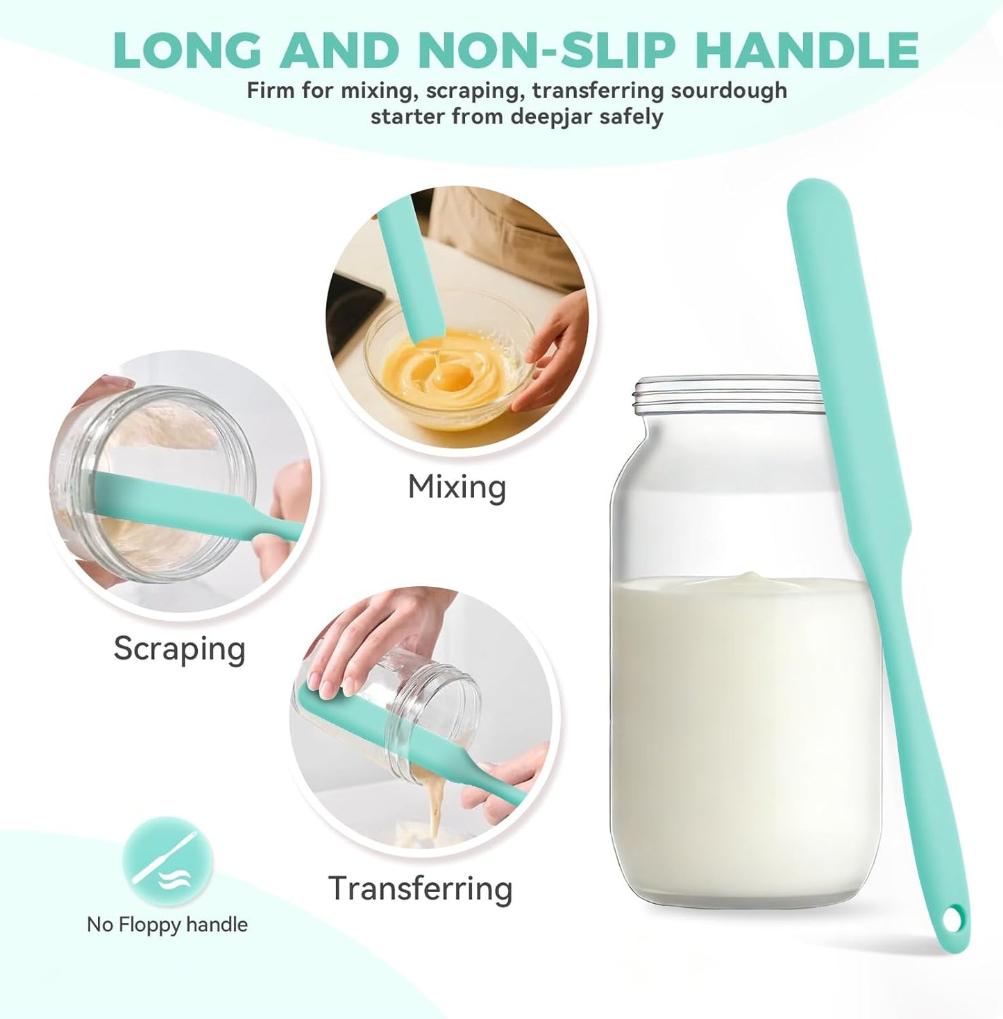 Silicone Jar Spatula Set of 3, Long Handle Skinny Spatula and Spurtle for Sourdough Starter, Flexible Jar Scraper for Peanut Butter, Jam, Icing, Cream with No Batter Left Behind (3)