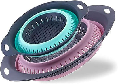 Collapsible Colander Set, Square Round Triangles Silicone Kitchen Strainer Perfect for Draining Pasta Vegetable fruit 2 PCS (10.8"L x 8.6"W x 2"H, Blue & Gray)